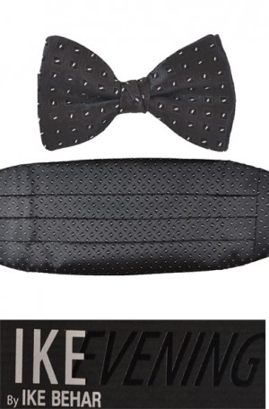 Ike Behar Black with White Pattern Cummerbund & Bow Tie Set